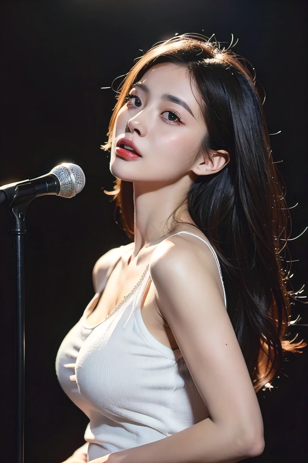 Best Quality, Masterpiece, Ultra High Resolution, (Realistic: 1.4), Original Photo, Head Photo, Skin, Simple Background, Black Eyes, Detail, Selfie, 1 Girl, a white top, D-cup big breasts, night, on stage live concert, sing a song with microphone.