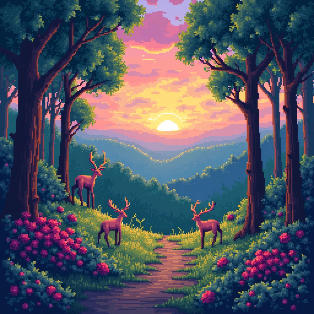 generate for me a wallpaper of a fantasy world landscape made up of forests and creatures made up of pixels.