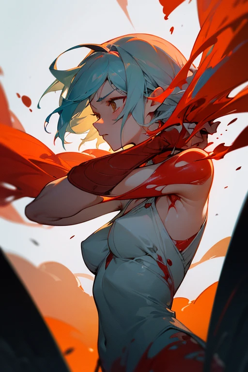 Create a striking and symbolic image that captures a dramatic scene of transformation through blood..
Main character: It shows a young woman with short, light blue hair., in a state of bleeding. She is partially fainted, with his pale skin and bloody clothes. The scene must be partially censored to focus on the symbolic and emotional part. Blood must flow from your body in a luminous and surreal pattern, without showing explicit graphic details, but rather suggesting the act of bleeding with soft visual effects.
Emerging Figure: From the blood that flows, A red-haired girl with a defiant and temperamental expression is emerging. She is partially formed, with details that highlight its strong character. Although she is not fully dressed, Make sure that censorship maintains the dignity of the scene, focusing on transformation rather than exposure. The emerging figure should be visible and stand out with warm colors, como red y dorados, contrasting with the luminous blood of the main character.
Environment and Atmosphere: The scene must be charged with a mystical and emotional atmosphere. Use dramatic lighting to highlight the connection between both figures and the magical process of transformation. Blood must have a surreal and ethereal glow, and the environment should reflect a sense of chaos and regeneration.
Colors and Details: Use a cool color palette for the main character (blue, greens and silvers) and warm colors for the emerging figure (red, oranges and golds). The blood should appear bright and almost crystalline., suggesting the process without being explicitly graphic.