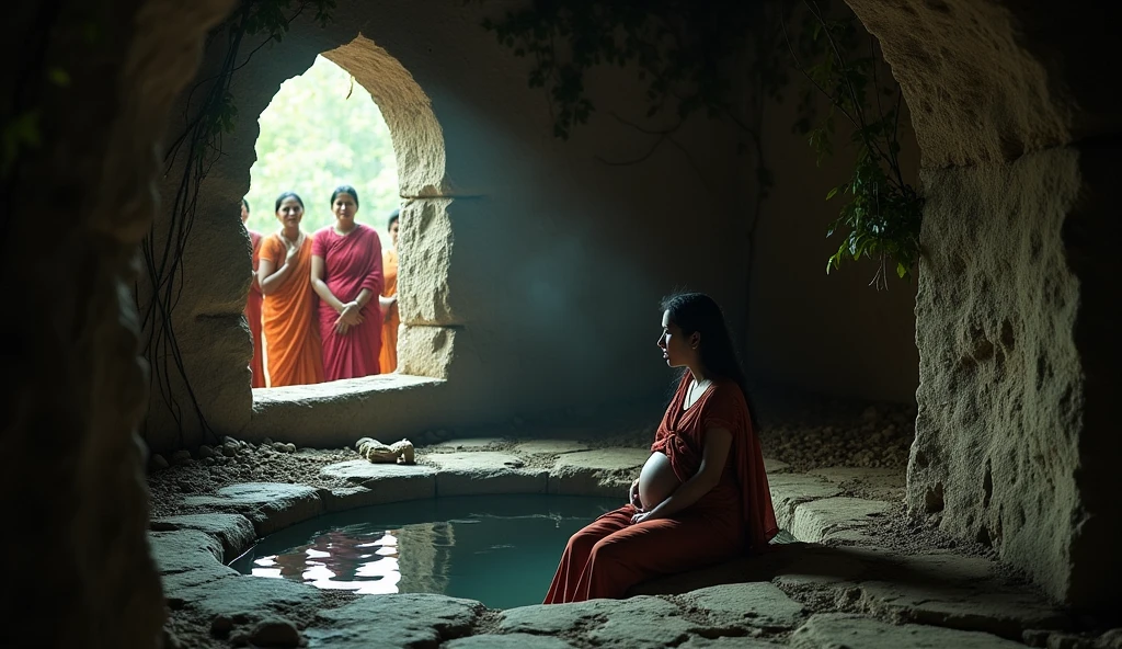 Pregnent women , sad mood, inside the well , people watching from outside, Indian village, 500 years before