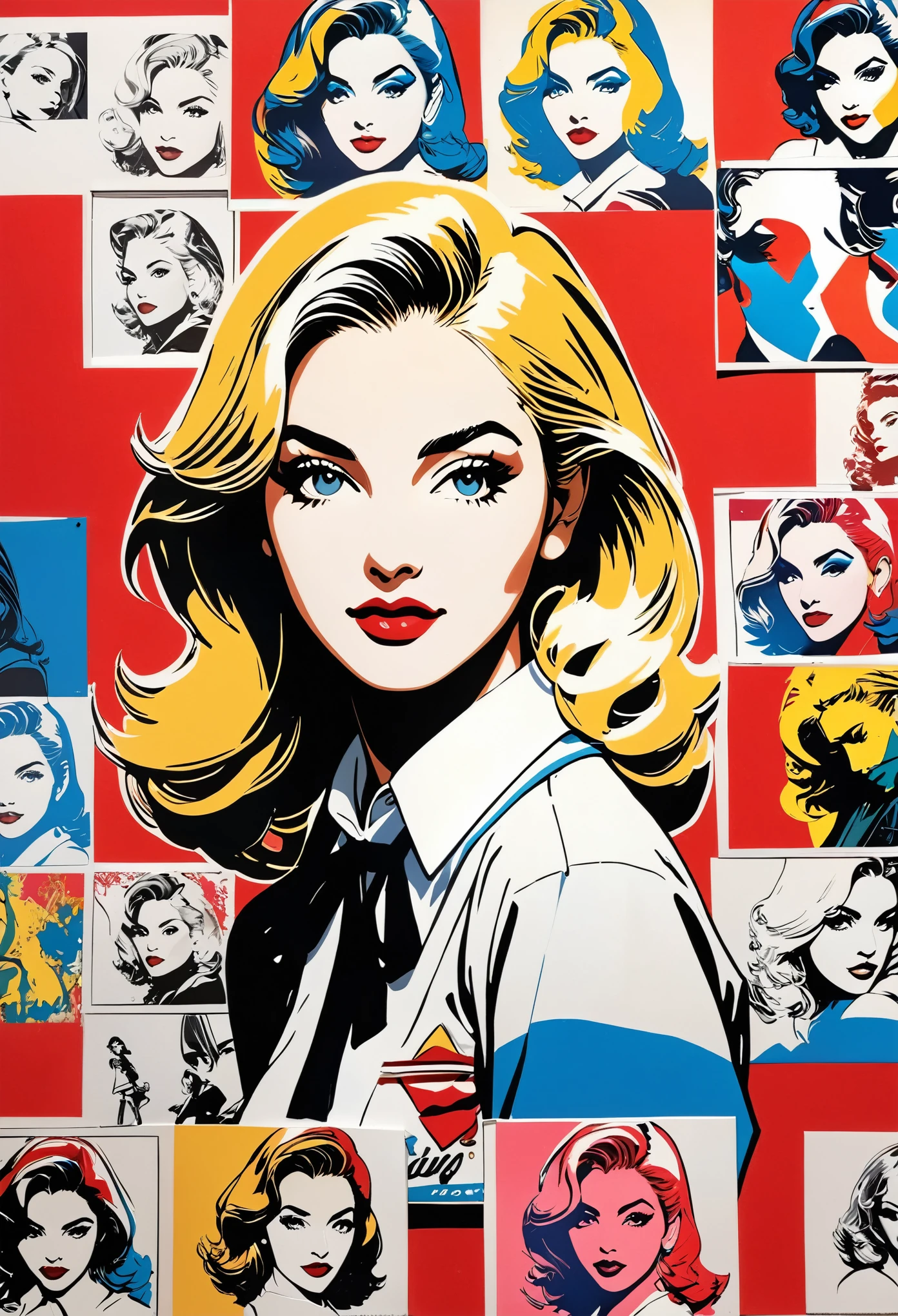 (masterpiece, best quality) Madonna Ciccone looking at many silkscreen illustrations of beautiful girls painted by Andy Warhol, school uniform, Pop Art, detailed fate, collage art,