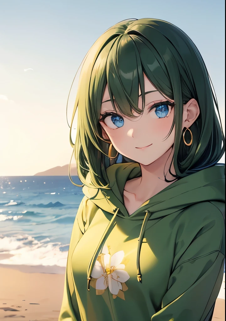 Voluminous dark green hair, front view, upper body visible, dark dark green hair color emphasis, long straight hair, big droopy eyes, blue eyes, kind young pretty face, kind droopy eyes, wearing green hoodie, hoodie pattern is a number, holding sign for 5, GOGO, shy, smiling without opening mouth, gold earrings in the shape of number 5, gold hair clip, sparkling eyes, walking on beach, focus on face, fresh smile, green floral patterned hoodie, in dark room, high quality, gold number 5 earrings, droopy eyes, blue eyes, close-up of face, small breasts Description: blue eyes, two hands, shadowless background, high quality, focus on the face.