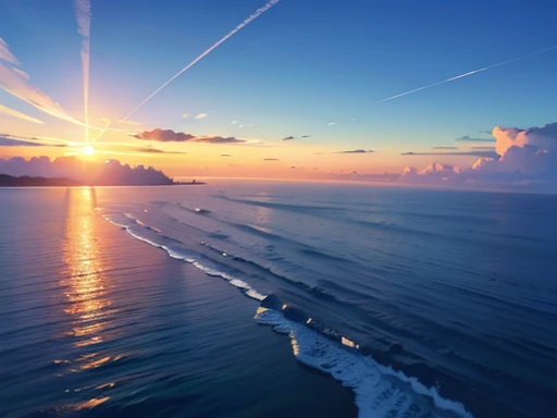 ocean, high resolution, High definition, high quality, landscape, realistic, masterpiece, dawn, dark blue sky, orange sunlight reflecting on the ocean, sun coming out from the horizon, drone shot