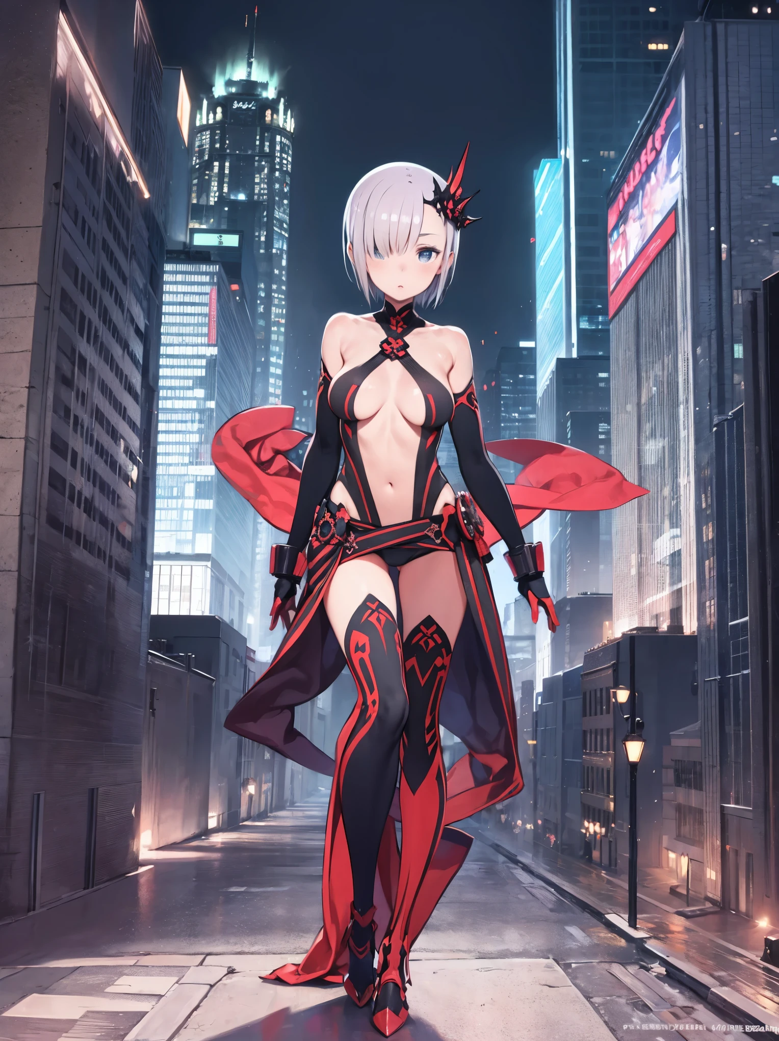 fantasy, 1girl,_teen,lver_hair, short_hair, long_bangs, bare_shoulder,thighhighs,silver_armor, waist_armor, large_breasts,half_eyes,floating, bare_crotch, headgear,gauntlet, greaves,city_background,slightly_spread_legs, solo, groin_naked,hair_over_one_eye,rise_knee,rise_leg,