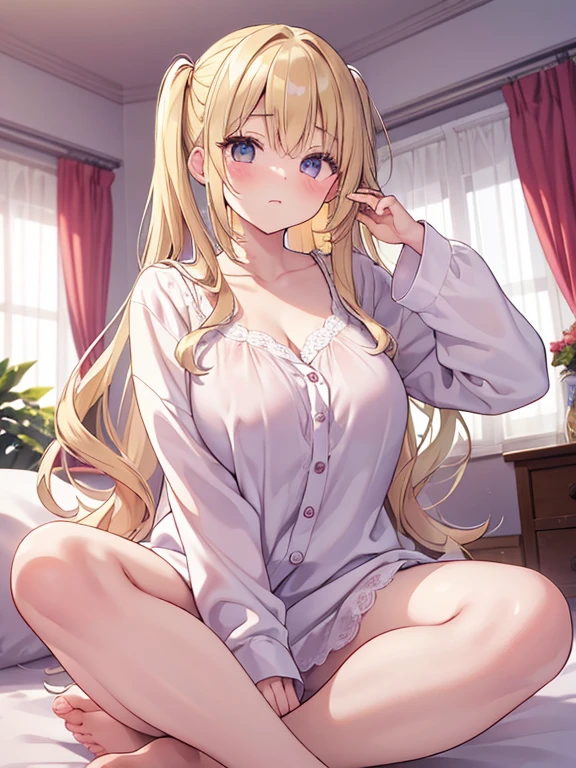 (masterpiece, top quality, super high quality, super high detail, beautiful hair, beautiful eyes, perfect face), girl's room, pretty white based room, morning sun coming through the window, white lace curtains, not wooden room, short twintails hair, blonde hair, very , droopy eyes, heterochromia, pink eye, orange eye, very huge breasts, 145cm tall girl wearing only large pajamas, nothing on lower body, sitting on bed with one eye closed, right hand over mouth, left arm raised in a big tall yawn, very sleepy expression, munchy, half eye, Bare feet, thighs, sitting upright with legs open