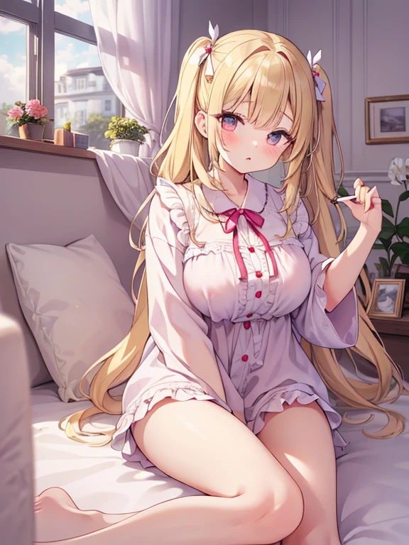 (masterpiece, top quality, super high quality, super high detail, beautiful hair, beautiful eyes, perfect face), girl's room, pretty white based room, morning sun coming through the window, white lace curtains, not wooden room, short twintails hair, blonde hair, very baby face, droopy eyes, heterochromia, pink eye, orange eye, very huge breasts, 145cm tall girl wearing only large pajamas, nothing on lower body, sitting on bed with one eye closed, right hand over mouth, left arm raised in a big tall yawn, very sleepy expression, munchy, half eye, Bare feet, thighs, sitting upright with legs open