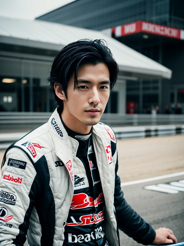 Cinematic Photo of a handsome japanese men 25-30 y.o fashion model, medium black hair. He is doctor. He is a F1 racer