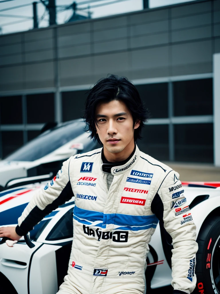 Cinematic Photo of a handsome japanese men 25-30 y.o fashion model, medium black hair. He is doctor. He is a F1 racer