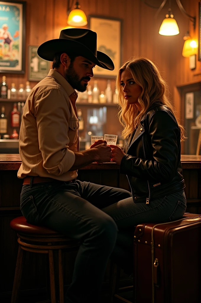 one men, dressed in a button down shirt and black cowboy hat, sitting on a bar stool. Beside him, a blonde woman with wavy hair and a leather jacket, with a suitcase on the side of the bench. the two are a little apart toasting a shot of cachaça and both are serious, staring at each other.