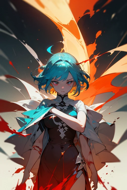 Create a striking and symbolic image that captures a dramatic scene of transformation through blood..
Main character: It shows a young woman with short, light blue hair., in a state of bleeding. She is partially fainted, with his pale skin and bloody clothes. The scene must be partially censored to focus on the symbolic and emotional part. Blood must flow from your body in a luminous and surreal pattern, without showing explicit graphic details, but rather suggesting the act of bleeding with soft visual effects.
Emerging Figure: From the blood that flows, A red-haired girl with a defiant and temperamental expression is emerging. She is partially formed, with details that highlight its strong character. Although she is not fully dressed, Make sure that censorship maintains the dignity of the scene, focusing on transformation rather than exposure. The emerging figure should be visible and stand out with warm colors, como red y dorados, contrasting with the luminous blood of the main character.
Environment and Atmosphere: The scene must be charged with a mystical and emotional atmosphere. Use dramatic lighting to highlight the connection between both figures and the magical process of transformation. Blood must have a surreal and ethereal glow, and the environment should reflect a sense of chaos and regeneration.
Colors and Details: Use a cool color palette for the main character (blue, greens and silvers) and warm colors for the emerging figure (red, oranges and golds). The blood should appear bright and almost crystalline., suggesting the process without being explicitly graphic.