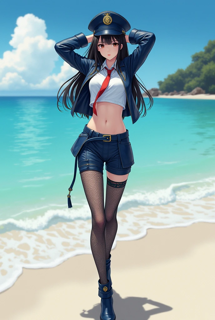 (High quality, masterpieces, realistic depiction), One Japanese girl standing with her leg split, Hands clasped behind head with holding up, Black long hair, Brown eyes, Beautiful face, Midnight-blue military cap, Midnight-blue leather short military-style bolero with long sleeves, A white crop top shirt with a red narrow tie, Big breasts, bare in her abdomen, Exposing skin around navel, Low waist short pants made of midnight-blue leather with a belt, Python skin pattern stockings covering whole legs, Short boots made of midnight-blue enamel, At deserted Island Beach, dazzling summer day,Stepping on high heels,high heel sole,