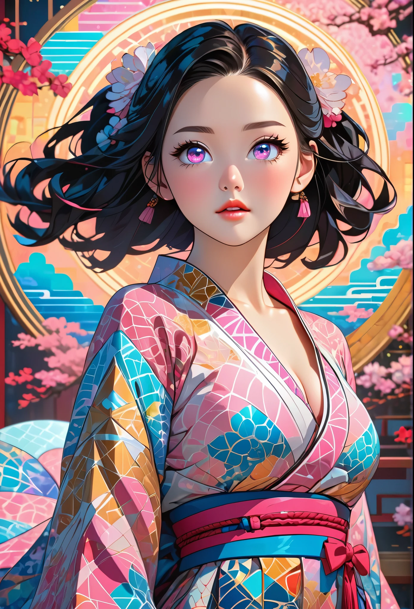 {Celestial hues, lofi, shiny aura, cute, black hair, ((pink eyes)), big pretty realistic eyes, ((Nezuko Komado)), big breasts, cleavage, sexy, submissive, highly detailed, holographic glowing motifs, geometric, perfect composition , beautiful, perfect eyes, full lips, 96k, best quality, full shot ))) (masterpiece, top quality, best quality, official art, beautiful and aesthetic:1.2), (1girl:1.3), extremely detailed,(fractal art:1.1),(colorful:1.1),highest detailed,(zentangle:1.2), (dynamic pose), (abstract background:1.5), (gradient dress:1.2), (shiny skin), (gold metallic:1.4), arms behind back,