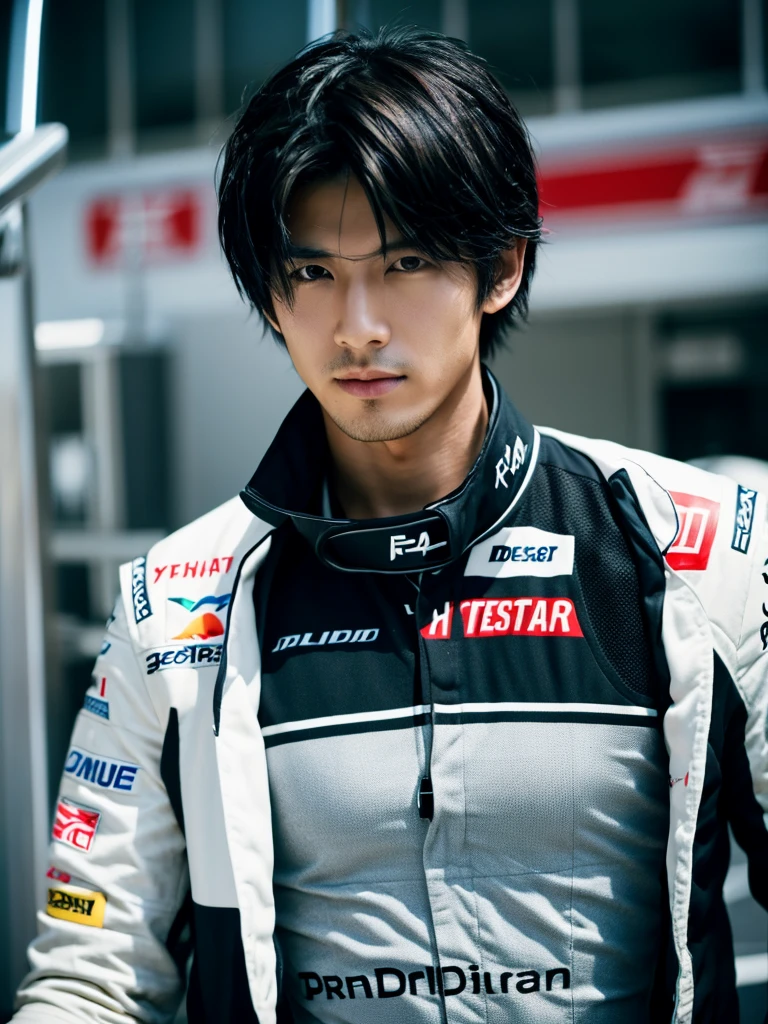 Cinematic Photo of a handsome japanese men 25-30 y.o fashion model, medium black hair. He is doctor. He is a F1 racer