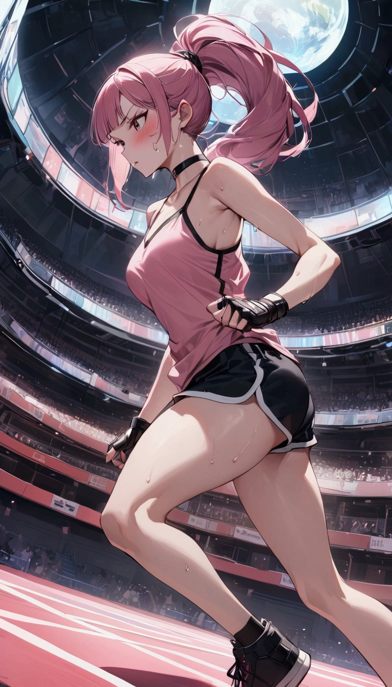 {{masterpiece}}, {{{Highest quality}}},{{Very detailed}}{{female martial artist}},{{Female fighters fighting in a martial arts match..}},{{during a match}},solo,1girl, {{Very slim legs:1.2}},slim body,{{}},{{}},Mature Women,Dynamic composition、Dutch Angle,from side,Focus on thighs,,v-shaped eyebrows.profound,Bad mood,blush,Sweat,{{clavicle:1.4}},{{}},,choker,,,,black fingerless gloves,dolphin shorts,　pink hair,Pink camisole,　long hair,ponytail　Blunt bangs,high-cut sneakers,{{On the ring:1.4}},Small Arena