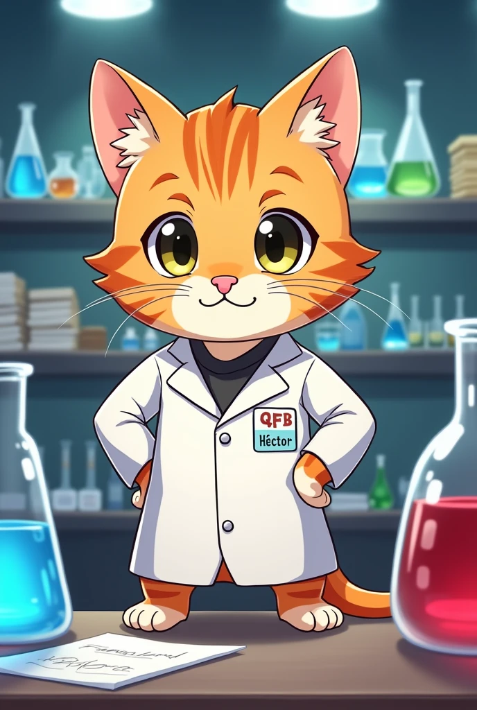 Generate a male orange tabby cat who is a QFB (biochemist) in the blood sampling area, and on his coat, it says QFB Héctor., like an anime