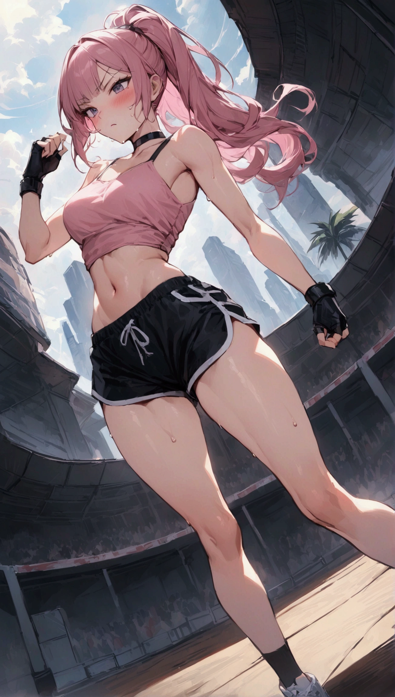 {{masterpiece}}, {{{Highest quality}}},{{Very detailed}}{{female martial artist}},{{Female fighters fighting in a martial arts match..}},{{during a match}},solo,1girl, {{Very slim legs:1.2}},slim body,{{}},{{}},Mature Women,Dynamic composition、Dutch Angle,from side,Focus on thighs,,v-shaped eyebrows.profound,Bad mood,blush,Sweat,{{clavicle:1.4}},{{}},,choker,,,,black fingerless gloves,dolphin shorts, pink hair,Pink camisole, long hair,ponytail Blunt bangs,high-cut sneakers,{{On the ring:1.4}},Small Arena