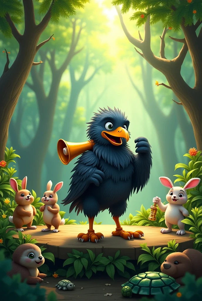 A stage made of leaves and colorful flowers in the center of Forestopolis, a magical forest with tall and vibrant trees. on the stage, the raven Cornelius is standing with a megaphone, announcing the Great Dance Competition. ao redor, the animals of the forest, like rabbits, Sloths, Toads and turtles, they are all excited and full of expectation. Some animals jump and dance with joy.