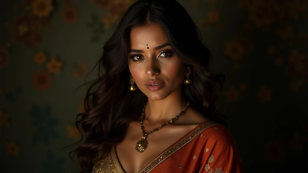 a beautiful mysterious Indian woman, Western fashion, intricate detailed face, piercing eyes, long eyelashes, delicate skin, natural beauty, flowing hair, candid elegant pose, dramatic lighting, cinematic mood, muted color palette, chiaroscuro lighting, high quality, photorealistic, 8k, intricate details, professional rendering with saree and golden stone Indian girl hot looking face looking face very details no bra full body shining sexy pose glamour pose((big breast))