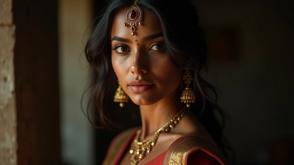 a beautiful mysterious Indian woman, Western fashion, intricate detailed face, piercing eyes, long eyelashes, delicate skin, natural beauty, flowing hair, candid elegant pose, dramatic lighting, cinematic mood, muted color palette, chiaroscuro lighting, high quality, photorealistic, 8k, intricate details, professional rendering with saree and golden stone Indian girl hot looking face looking face very details no bra full body shining sexy pose glamour pose((big breast))