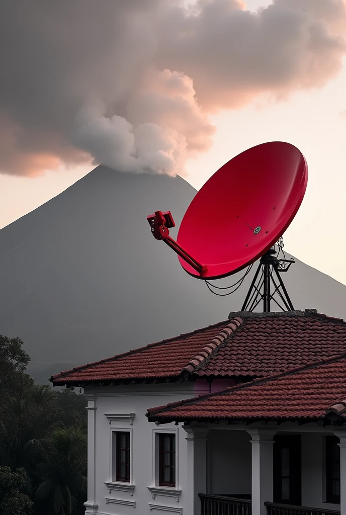 Image for an advertisement of home satellite antennas, with red colors, black and white with a landscape background with volcanoes and the antenna being red, that the antenna is placed on a house and has a colonial style