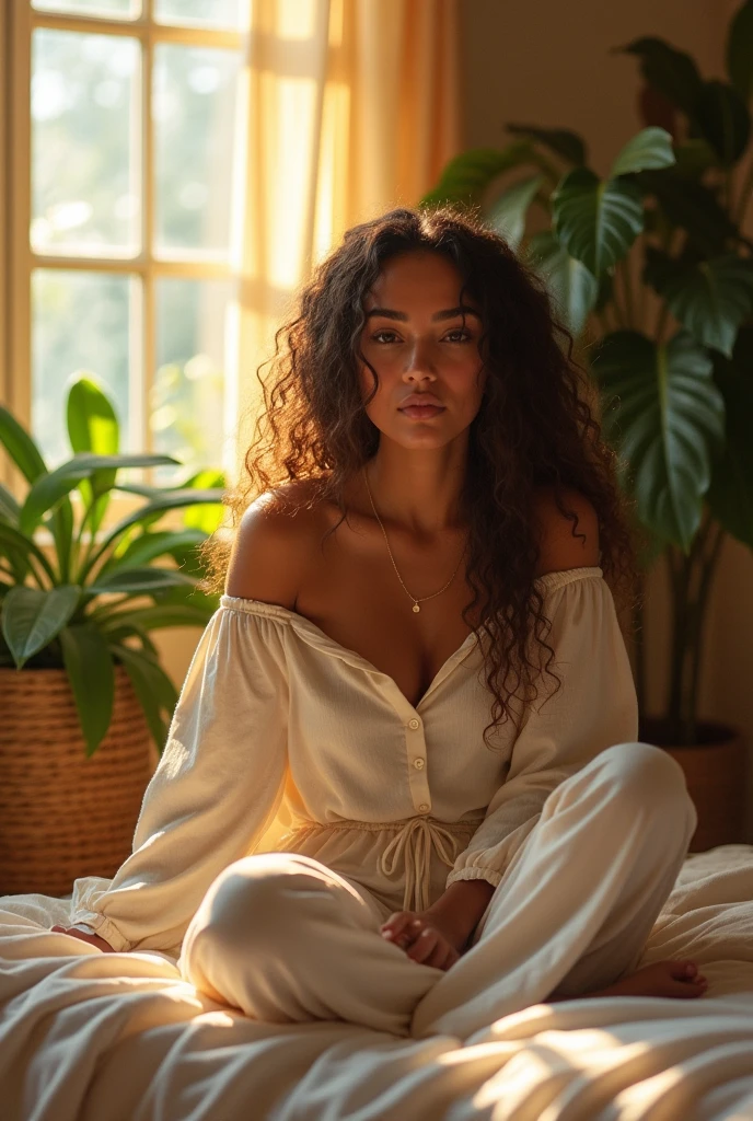 (photorealism:1.2), beautiful woman, sitting on bed, wearing loose off-shoulder top, pajama pants, long curly hair, indoors, soft lighting, plants in background, window with sunlight, cozy room, relaxed pose, realistic, intricate details, warm colors, by Greg Rutkowski, by Alphonse Mucha