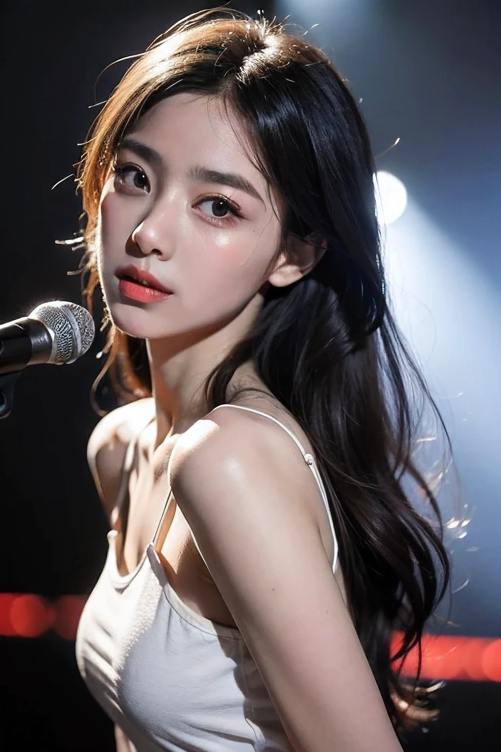 Best Quality, Masterpiece, Ultra High Resolution, (Realistic: 1.4), Original Photo, Head Photo, Skin, Simple Background, Black Eyes, Detail, Selfie, 1 Girl, a white top , night, on stage live concert, sing a song with microphone.