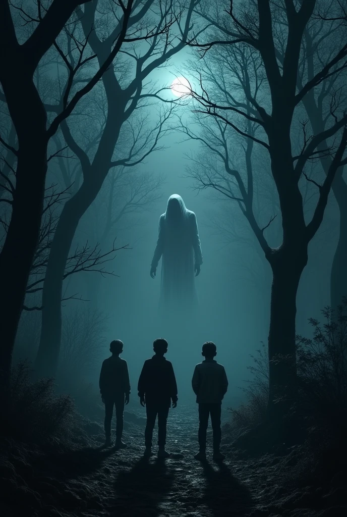 a very dark forest, a creature passing between the trunks, leaving three boys paralyzed and frightened.