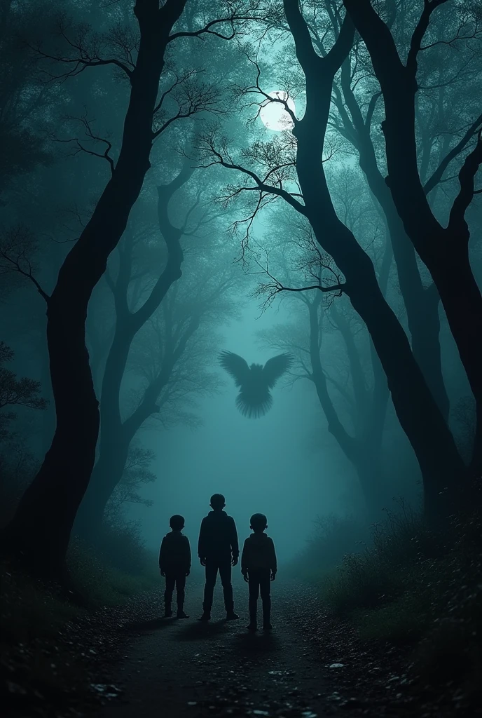a very dark forest, a creature passing between the trunks, leaving three boys paralyzed and frightened.