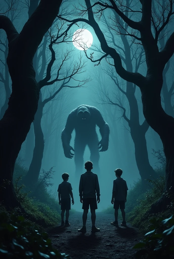 a very dark forest, a creature passing between the trunks, leaving three boys paralyzed and frightened.