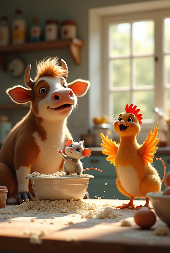 a mouse, a cow and a chicken in a kitchen dirty with flour and playing while making a cake