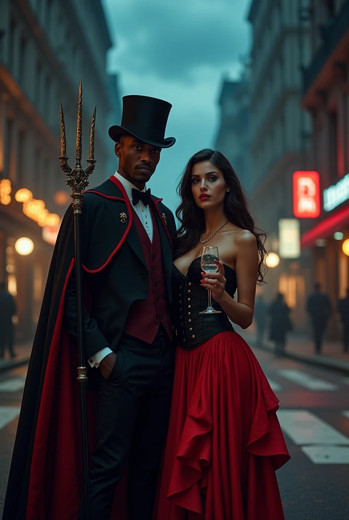 A black man wearing a top hat, a black suit, and a black cape with red trim, his eyes a light brown., with a trident in hand. Beside the man, a brunette woman with long, wavy hair, dressed in a corset and a full skirt with red petticoats, a cigarette in her mouth and a glass in her hand, standing in the middle of a crossroads. 