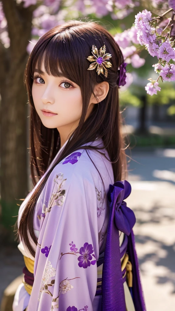 Spiritual 1 person, Facing forward、Bronze Hair、Shortcuts, kimono、Purple eyes, Hair Flower, Sparkle Effect,