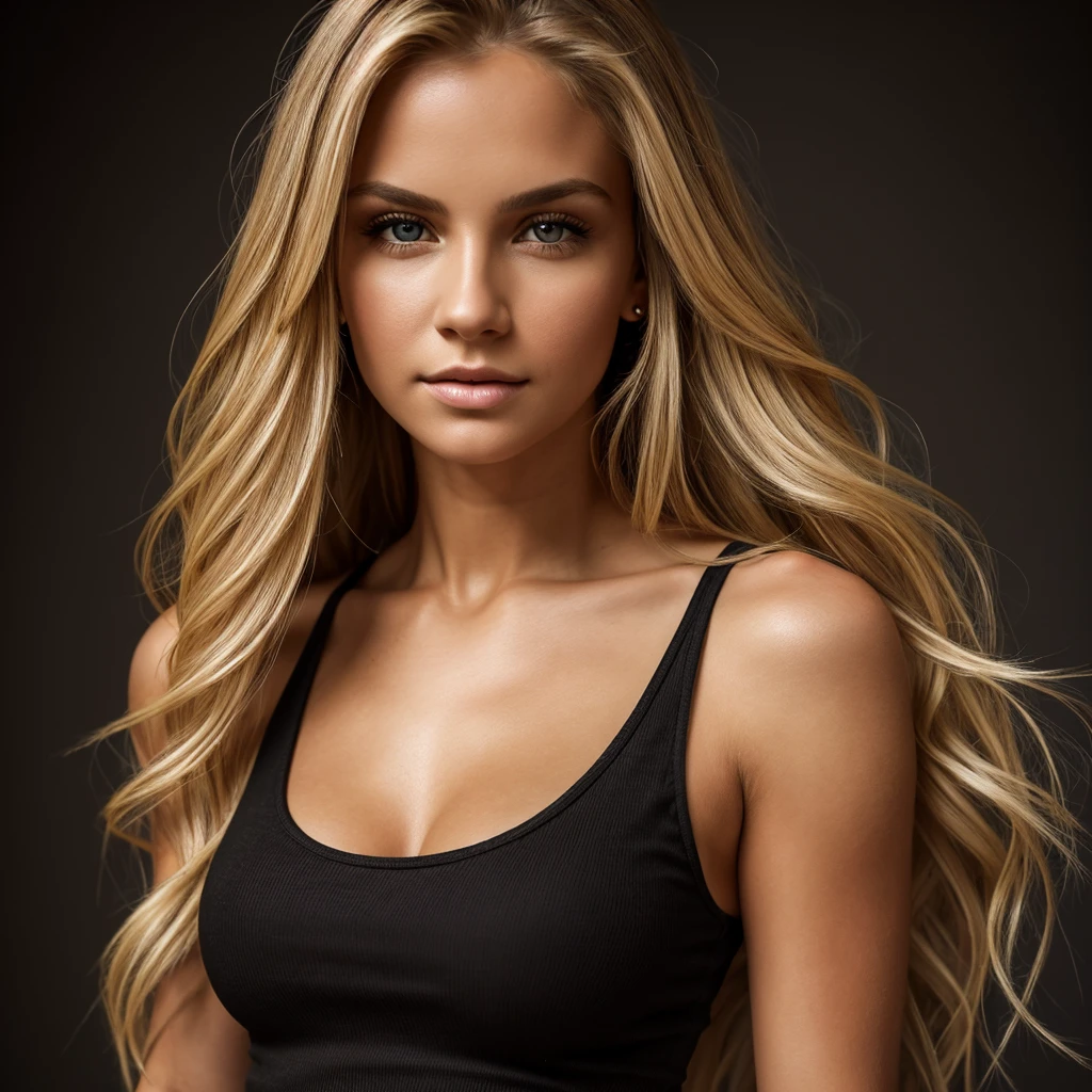 "Portrait of a stunning woman with piercing brown eyes and long flowing blonde hair, wearing a black tank top, full body, realistic, intricate details in the clothing and facial features, studio lighting to enhance the depth and realism of the image."