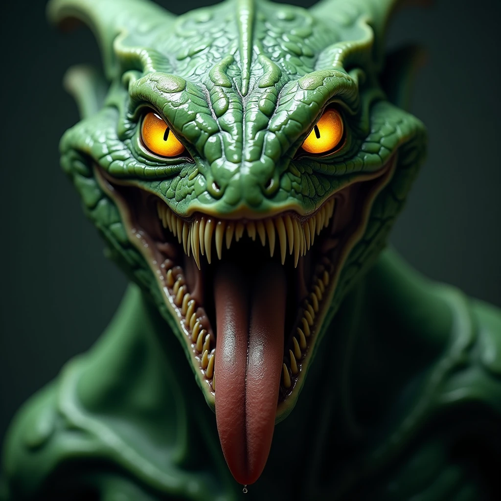masterpiece , Best Quality, predator from another planet, close-up photo, looking straight at camera hungry and yellow eyes with green, mouth with drool, seductive tongue out, drops 8k uhd quality,