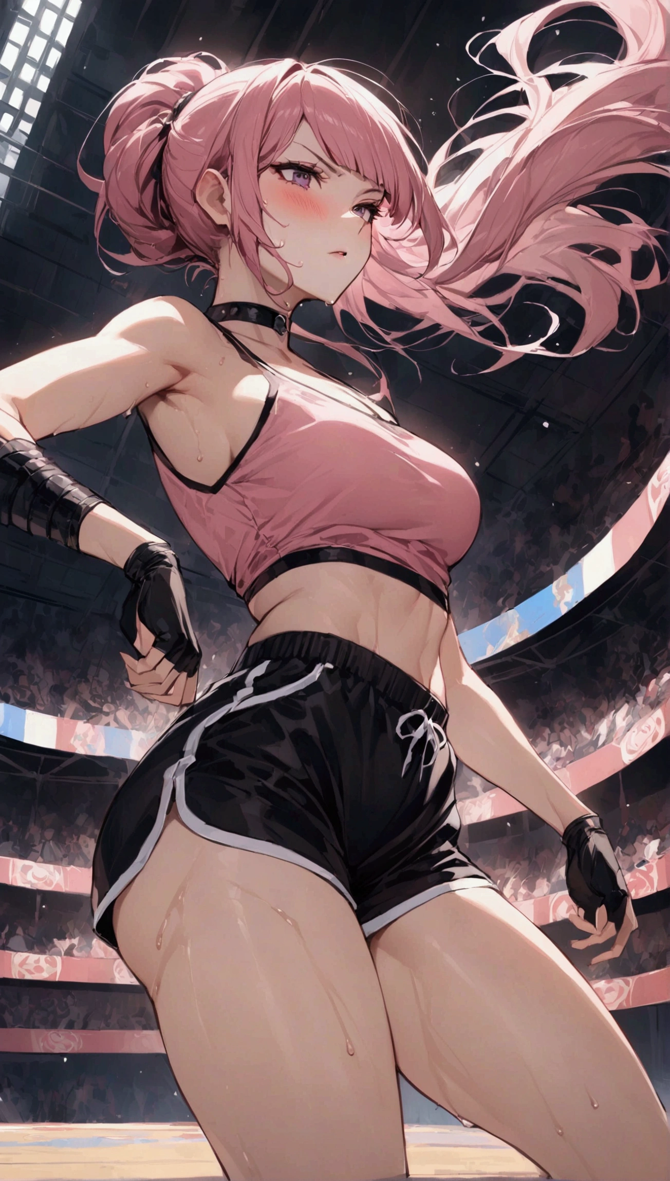 {{masterpiece}}, {{{Highest quality}}},{{Very detailed}}{{female martial artist}},{{Female fighters fighting in a martial arts match..}},{{during a match}},solo,1girl, {{Very slim legs:1.2}},slim body,{{}},{{}},Mature Women,Dynamic composition、Dutch Angle,from side,Focus on thighs,,v-shaped eyebrows.profound,Bad mood,blush,Sweat,{{clavicle:1.4}},{{}},,choker,,,,black fingerless gloves,dolphin shorts,　pink hair,Pink camisole,　long hair,ponytail　Blunt bangs,high-cut sneakers,{{On the ring:1.4}},Small Arena