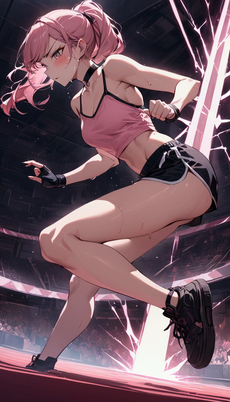 {{masterpiece}}, {{{Highest quality}}},{{Very detailed}}{{female martial artist}},{{Female fighters fighting in a martial arts match..}},{{during a match}},solo,1girl, {{Very slim legs:1.2}},slim body,{{}},{{}},Mature Women,Dynamic composition、Dutch Angle,from side,Focus on thighs,,v-shaped eyebrows.profound,Bad mood,blush,Sweat,{{clavicle:1.4}},{{}},,choker,,,,black fingerless gloves,dolphin shorts,　pink hair,Pink camisole,　long hair,ponytail　Blunt bangs,high-cut sneakers,{{On the ring:1.4}},Small Arena