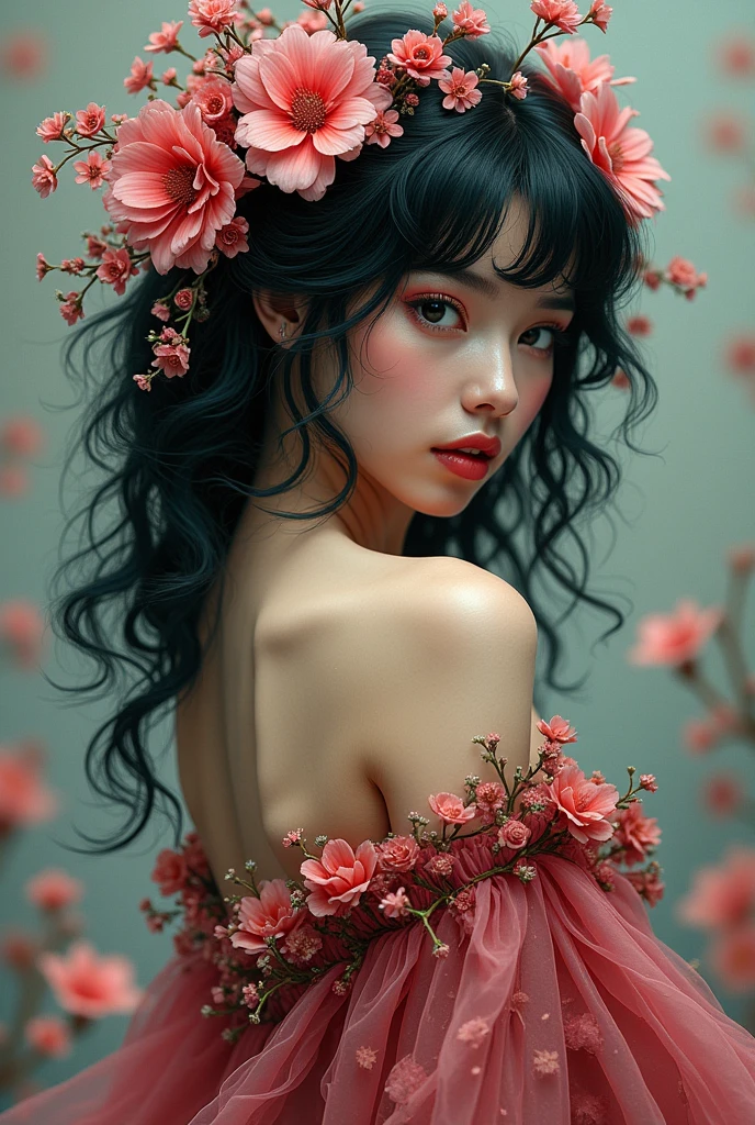 Official Art, Unity 8k Wallpaper, Ultra Detailed, Beautiful and Aesthetic, Masterpiece, Top Quality, (Photorealistic:1.4), (Zentangle, Mandala, Entanglement, Entanglement), (Flower Ecstasy:1.2), (Fractal Art:1.3), (Very many small flowers on the girl's head), 1girl, Black eyes, Detailed black hair, Hair with light, Upper body, Wrapped in thorns, Blossoming in thorns, Extreme detail, Dynamic angles, Cowboy shot, The most beautiful form Chaos, Elegance, Brutal design, vivid colors, surreal romanticism, several petals in the hair, whirlwind, (looking back at the viewer), strong tonal makeup, extremely realistic face, detailed face, detailed nose, very detailed lips, intricate clothes, intricate background, wavy hair, fluttering hem, fashion magazine style, no extra arms, no more than 2arms,