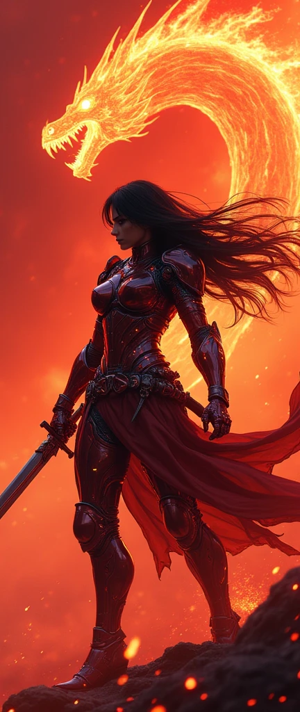 (masterpiece:1.2, Highest quality,High resolution,Super detailed),8k,wallpaper,(Very detailed),(Armored Core Style),Woman in ninja robot armor,Black Hair,Random Hairstyles,(Flame Ninja),(Red body),(Detailed face:1.3),(Detailed body:1.3),(Cowboy Shot:1.6),(The background is a red battlefield with a translucent dragon made of summoned flames.:2.0),Hair blowing in the wind,cyber punk,(dynamic),(Preparing for battle,Wield a giant sword with both hands:1.2,The electronic parts of the armor glow.:1.6),(Detailed hands:1.6),(Flashy special move effects:2.0)