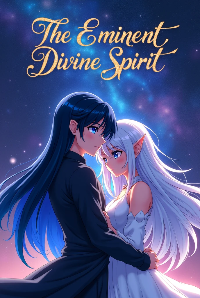 put the name: (The Eminent Divine Spirit), written in the drawing. Create a character, HUMAN TEENAGE MALE WITH NORMAL EARS with JAPANESE ANIME style drawing features, IN a cosmic environment, long black hair with a cobalt blue streak in one hair, cobalt blue eyes. holding/Embracing a busty adult elf with silver hair.