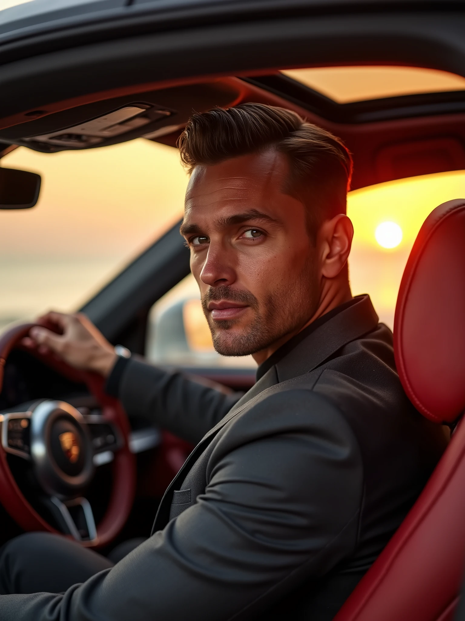 /image type=photography realistic | /person=((1homem, 36 to 39 years old)), | "solo", , ((muscular body)), ((short brown hair:0.6)), ((slickedback hair)), ((eyes browns:0.6)), (fully body), (tools), (detalhes realista), (photo realist), (perfect body structure), (pele banhada pelo sol), (face perfect), (high-detailed face), (calm expression), (slightly-smile), (white teeth:1.3), (gazing at viewer), (((pose diagonal))), Front view | He is wearing a slim-fit bespoke suit in shades of dark gray, with a white shirt and black silk tie. His style is elegant and contemporary, reflecting confidence and sophistication | He is sitting in the driver's seat of a "Porsche Panamera Turbo S E-Hybrid", with one hand on the leather-wrapped steering wheel and the other adjusting the controls on the dashboard. Seu rosto mostra um slightly-smile, with a focused expression while driving, highlighting his imposing profile against the ambient lighting. | /Scenary=Paradise beach at sunset | /camera angle=Angle of 3/4, showing the character at the wheel with a partial view of the dashboard and the panoramic sunroof. | /Camera lens=Use a 24mm wide-angle lens to capture the grandeur of the car and the scenery around it. aperture f/2.0 to create a soft bokeh effect, where the car and the character are the main focus, while the background dissolves into an artistic blur. Autofocus adjusted to center on the character and the details of the car, such as the red stitching on the seats or the carbon fiber finishes. Medium field depth, allowing a clear distinction between the car/Character and setting, but maintaining a smooth visual connection between all elements. | /render quality=alta  Diffusion 2.1"  Portrait"  Luxury Car"  Outdoor Scene"  Outdoor Scene"