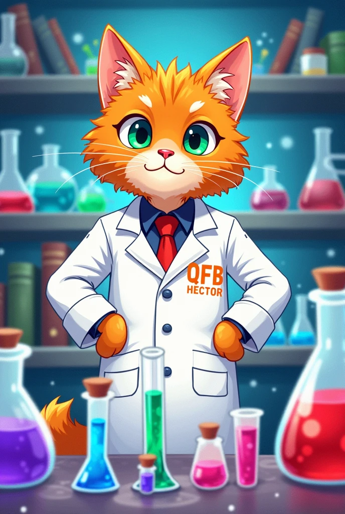 Generate for me an orange tabby male cat who is a QFB (Bachelor of Chemistry) who takes blood samples, and on his lab coat it says QFB Hector., like an anime