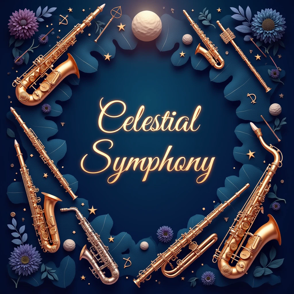 banner with wind instruments, fixed and no image errors, with a more mature background, no space style with clouds and etc., and with the main name being Celestial Symphony