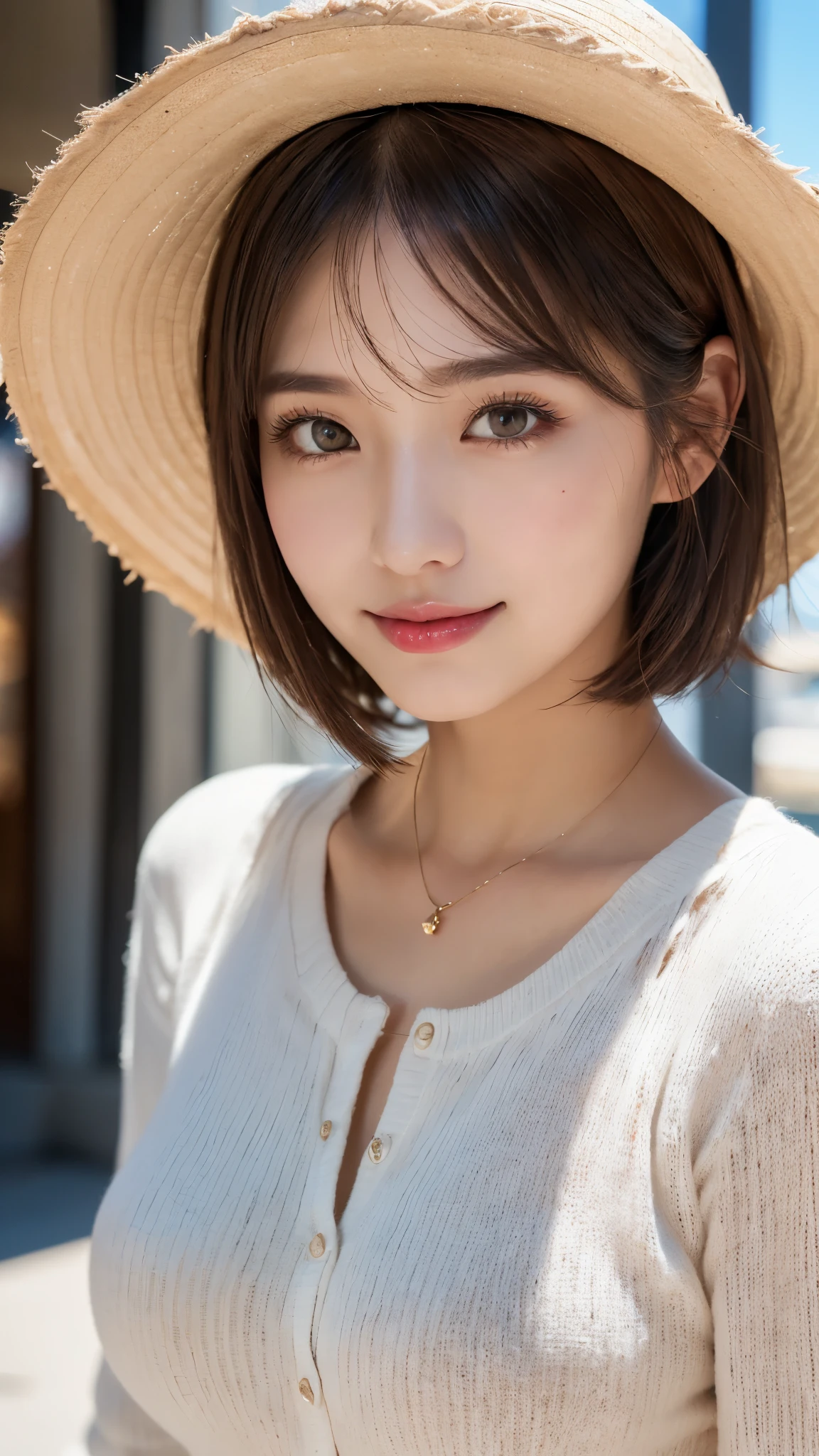 (photorealistic, 32k, RAW photo, best quality: 1.5), (masterpiece:1.3), (absurdres, attractive, ultra high resolution, ultra realistic, highly detailed, golden ratio, ultra detailed), (Beautiful Japanese teenager female, super fucking beautiful detailed face), natural makeup, detailed cloth texture, detailed hair texture, beautiful detailed fullbody, Perfect female body, accurate, Anatomically correct, Highly detailed face and skin texture, (beautiful hands), (realistic skin), (beautiful pale skin:1.1),  (Perfect dynamic composition, looking at viewer:1.3), (full body shot:1.3), 
BREAK, 
realistic eyes, beautiful detailed eyes, symmetric eyes, Light Brown eyes, Double eyelids, Thin eyebrows, (Glossy lips:1.4), ((A face with waiting for a kiss, Shy Smile:1.2)), (blush:1.1), 
BREAK, 
((short hair, bob, Dark blonde hair, bangs:1.2)), (Sunny day, Sitting at a tourist spot in Japan:1.3), (white blouse, black jumper dress, straw boater hat :1.4),