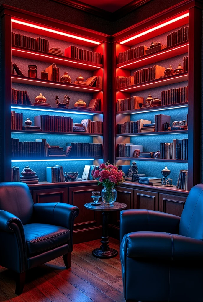 a room with shelves illuminated with red and blue LEDs

