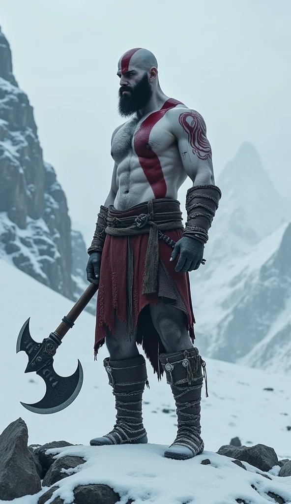 Kratos stands alone on a snowy mountaintop, his powerful, scarred body marked by battles fought and lost. The iconic red tattoo spirals down his pale skin, contrasting with the cold, white landscape. His face, usually a mask of fury, now shows a quiet, somber resolve as he grips the Leviathan Axe. The weight of his past and the burden of his destiny are etched in his intense eyes. The scene captures Kratos in his raw essence—a warrior hardened by pain, yet seeking redemption and peace in a world that has known only his rage.