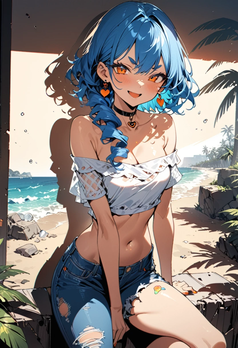 (Highest quality:1.2, Very detailed, Latest, Vibrant, Ultra-high resolution, High Contrast, Super Detail, masterpiece:1.2, Highest quality, Best aesthetics),cute,Blue Hair,short hair(Inward-curling hair ends),White mesh,big amber eyes,Bright,Worried Eyebrows、A cheerful smile、Laugh with your mouth open、Earrings、Choker on neck、Orange nail polish、Off-the-shoulder light blue denim fabric、Belly button、７Cropped skinny jeans(Damaged fabric on the right leg)、Sticker on the right thigh、Small heart sticker、background、(Exquisite lighting and shadows)、Ocean、Sandy Beach、Palm tree、Splash、Strong sunlight、colorful、