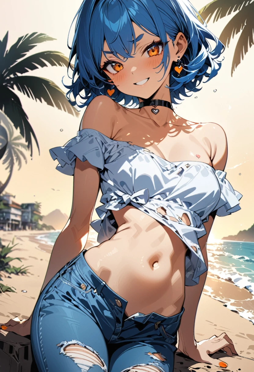 (Highest quality:1.2, Very detailed, Latest, Vibrant, Ultra-high resolution, High Contrast, Super Detail, masterpiece:1.2, Highest quality, Best aesthetics),cute,Blue Hair,short hair(Inward-curling hair ends),White mesh,big amber eyes,Bright,Worried Eyebrows、A cheerful smile、Laugh with your mouth open、Earrings、Choker on neck、Orange nail polish、Off-the-shoulder light blue denim fabric、Belly button、７Cropped skinny jeans(Damaged fabric on the right leg)、Sticker on the right thigh、Small heart sticker、background、(Exquisite lighting and shadows)、Ocean、Sandy Beach、Palm tree、Splash、Strong sunlight、colorful、