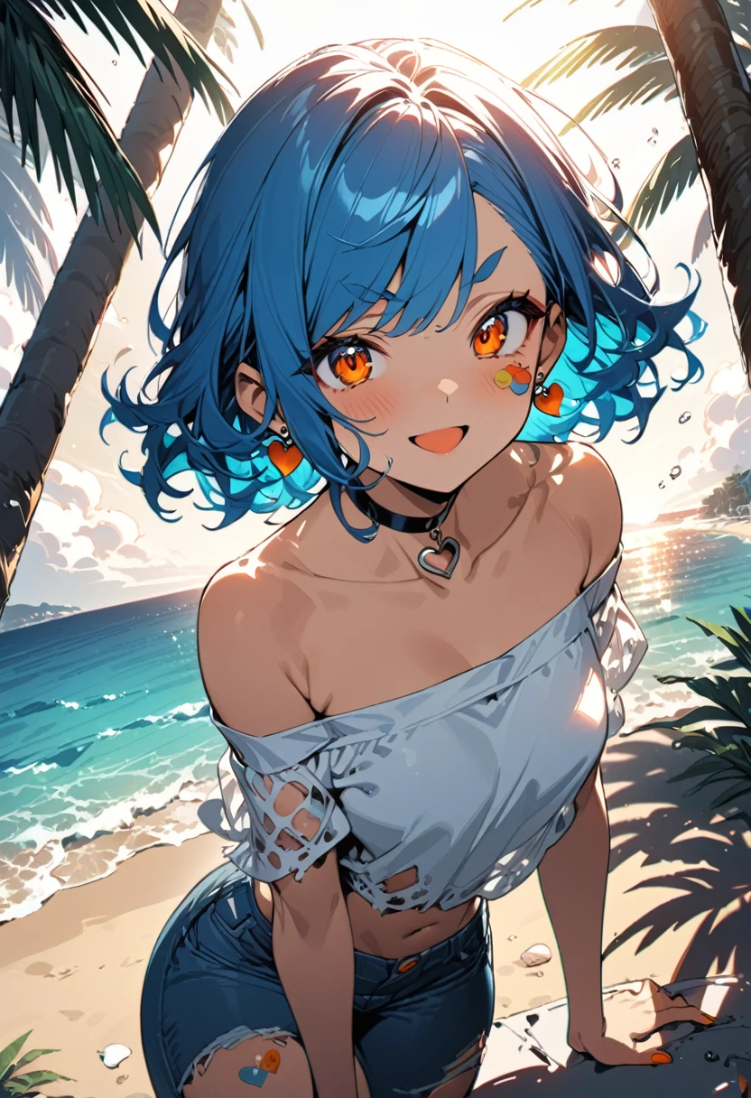 (Highest quality:1.2, Very detailed, Latest, Vibrant, Ultra-high resolution, High Contrast, Super Detail, masterpiece:1.2, Highest quality, Best aesthetics),cute,Blue Hair,short hair(Inward-curling hair ends),White mesh,big amber eyes,Bright,Worried Eyebrows、A cheerful smile、Laugh with your mouth open、Earrings、Choker on neck、Orange nail polish、Off-the-shoulder light blue denim fabric、Belly button、7Cropped skinny jeans(Damaged fabric on the right leg)、Sticker on the right thigh、Small heart sticker、background、(Exquisite lighting and shadows)、Ocean、Sandy Beach、Palm tree、Splash、Strong sunlight、colorful、