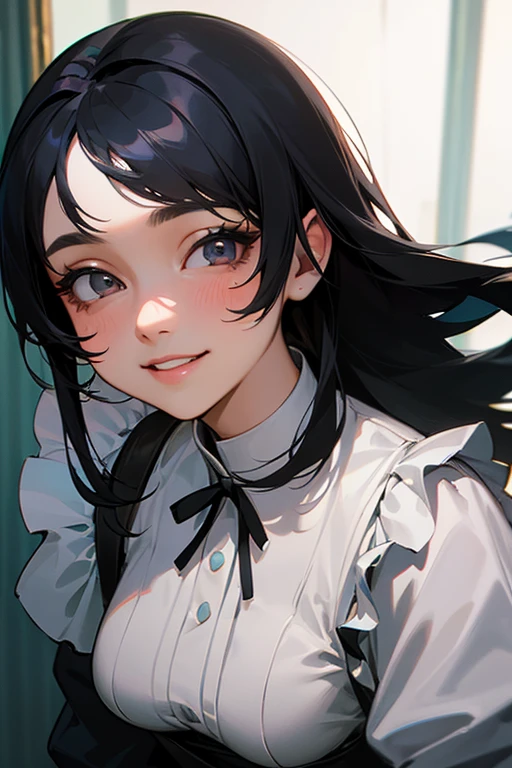 (Highest Resolution, clear_image) Highest quality, single, One woman, alone, masterpiece, Very detailed, Semi-realistic, Black Hairのショートヘア, Black Hair, bangs, 18-year-old, mature, Light blue , Indoor Background, kind, Authoritative, Powerful, exquisite features, exquisite features、Eyelashes become longer、Showing teeth、smile😀、Maid clothes、woman'Fingers in the、Sleeping on the sofa、Long Hair、Fluttering in the wind、