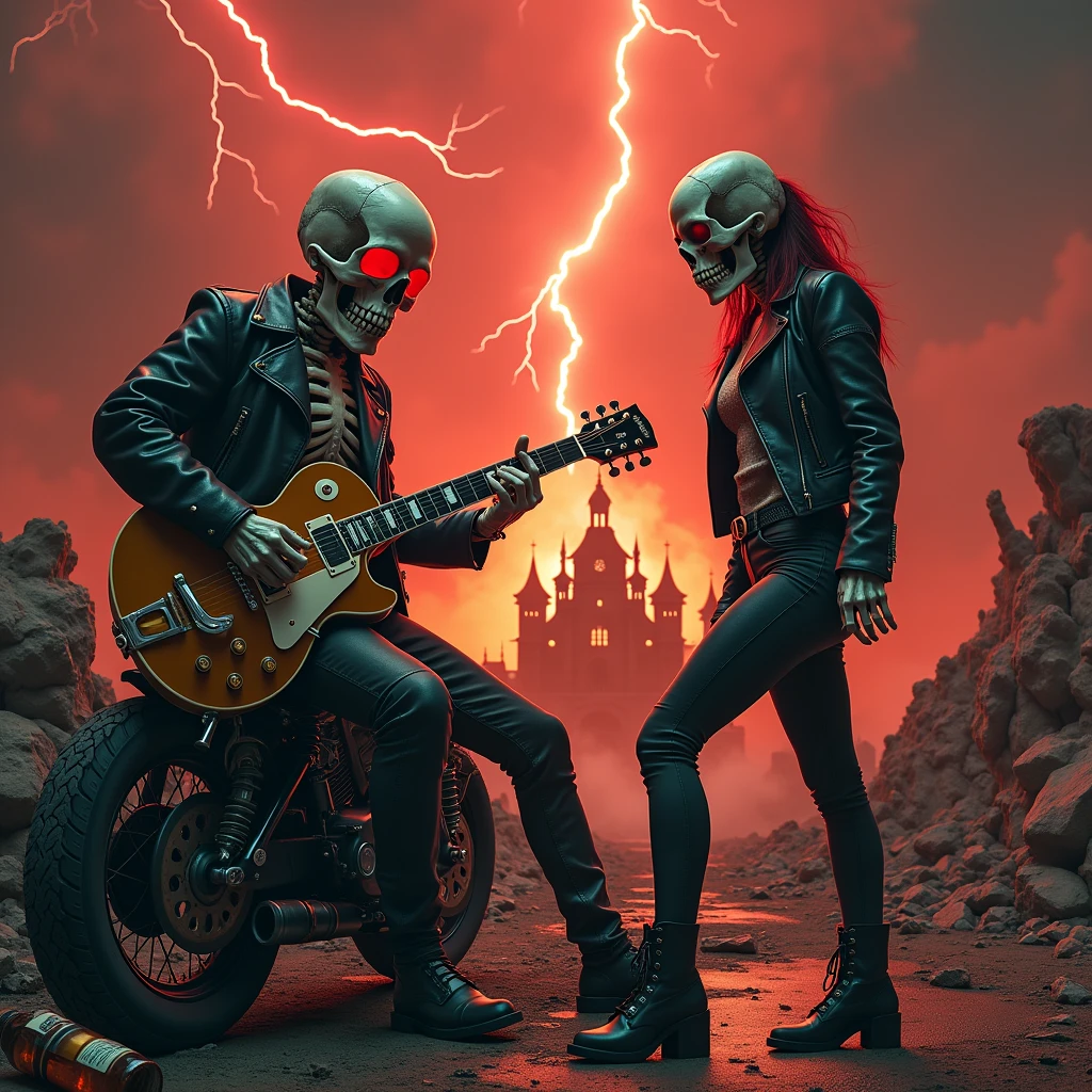 a full-length skull playing a les paul guitar to a skull-headed woman wearing a leather jacket and jeans as the world ends, red lightning falling from the sky giving a tone of chaos to the image, with a castle on fire in the background and a Harley Davidson motorcycle on the side, a broken bottle of whiskey on the floor